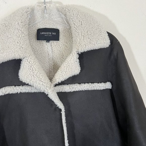 Lafayette 148 Dark Brown Sheep Shearling Lined Leather Coat Jacket Size Medium - Picture 3 of 11